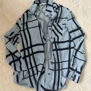 Geometric Grid Print Women’s Shirt - Light Blue/Black